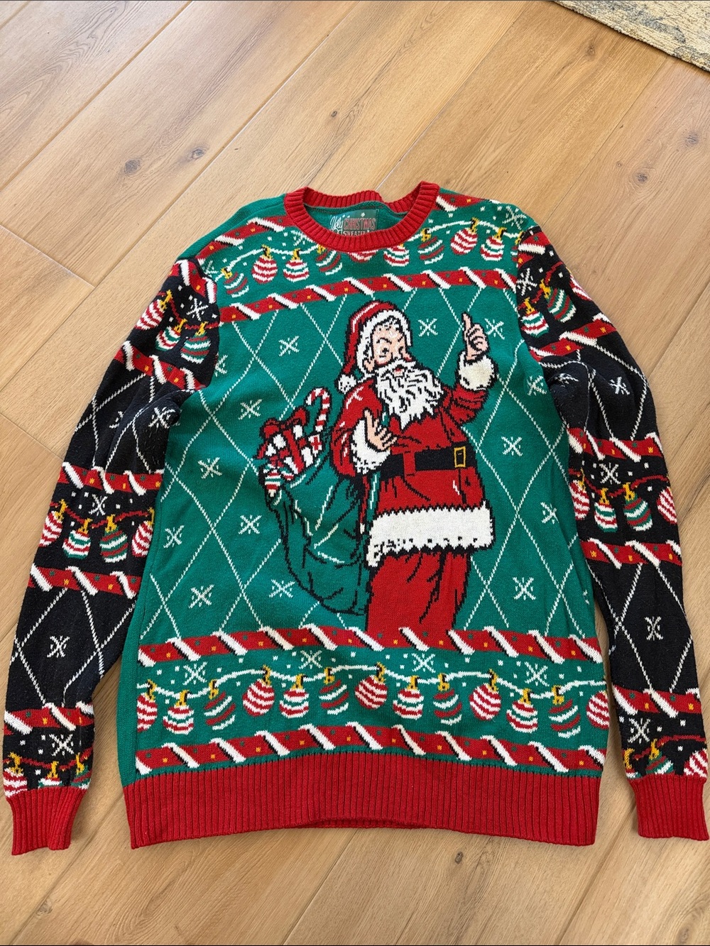 Ugly Christmas Sweater Men's Red, Green & Black Santa Crewneck